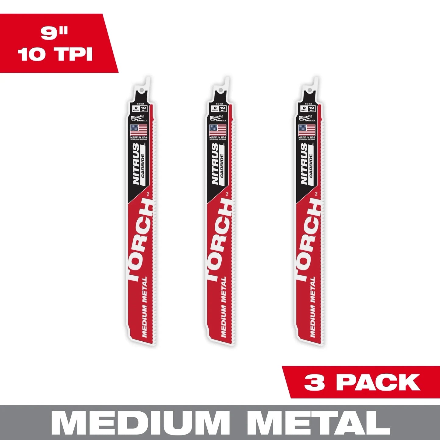 Milwaukee Tool 48-00-6352 9" 10 TPI The Torch With Nitrus Carbide Teeth For Medium Metal, 3 EA/PK