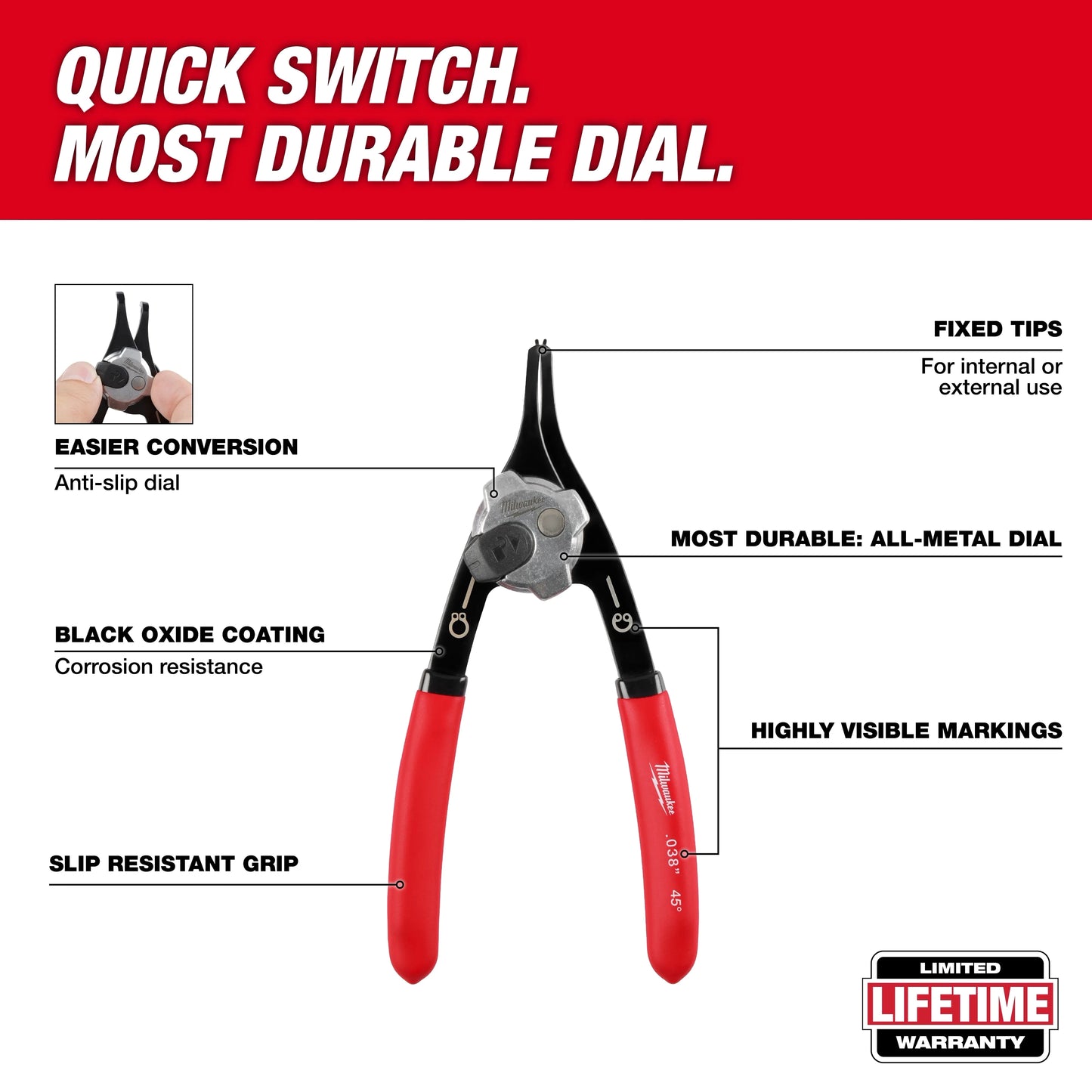 Milwaukee Tool 48-22-6538 .070" Convertible Snap Ring Pliers - 90°, 1 EA