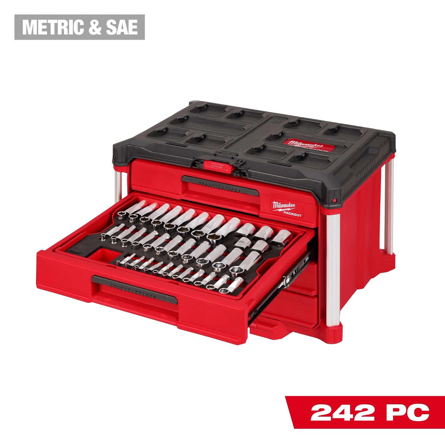 Milwaukee Tool 48-22-9491 242 Piece 1/4" 3/8" & 1/2" Drive Metric & SAE Ratchet/Socket Set w/ PACKOUT 4-Drawer Tool Box, 1 ST