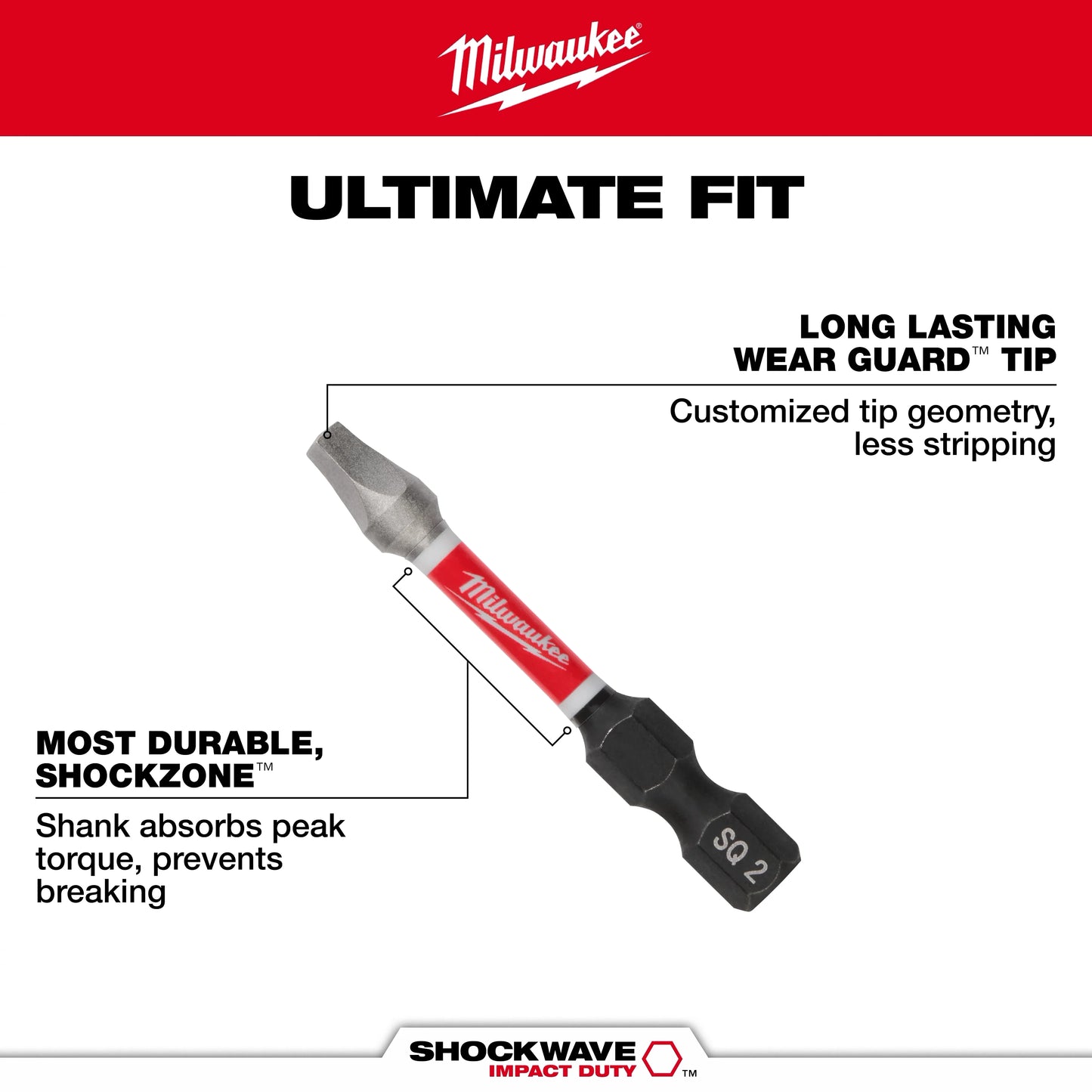 Milwaukee Tool 48-32-4171 SHOCKWAVE Impact Duty 2" Square Recess #1 Power Bits, 25 EA/PK