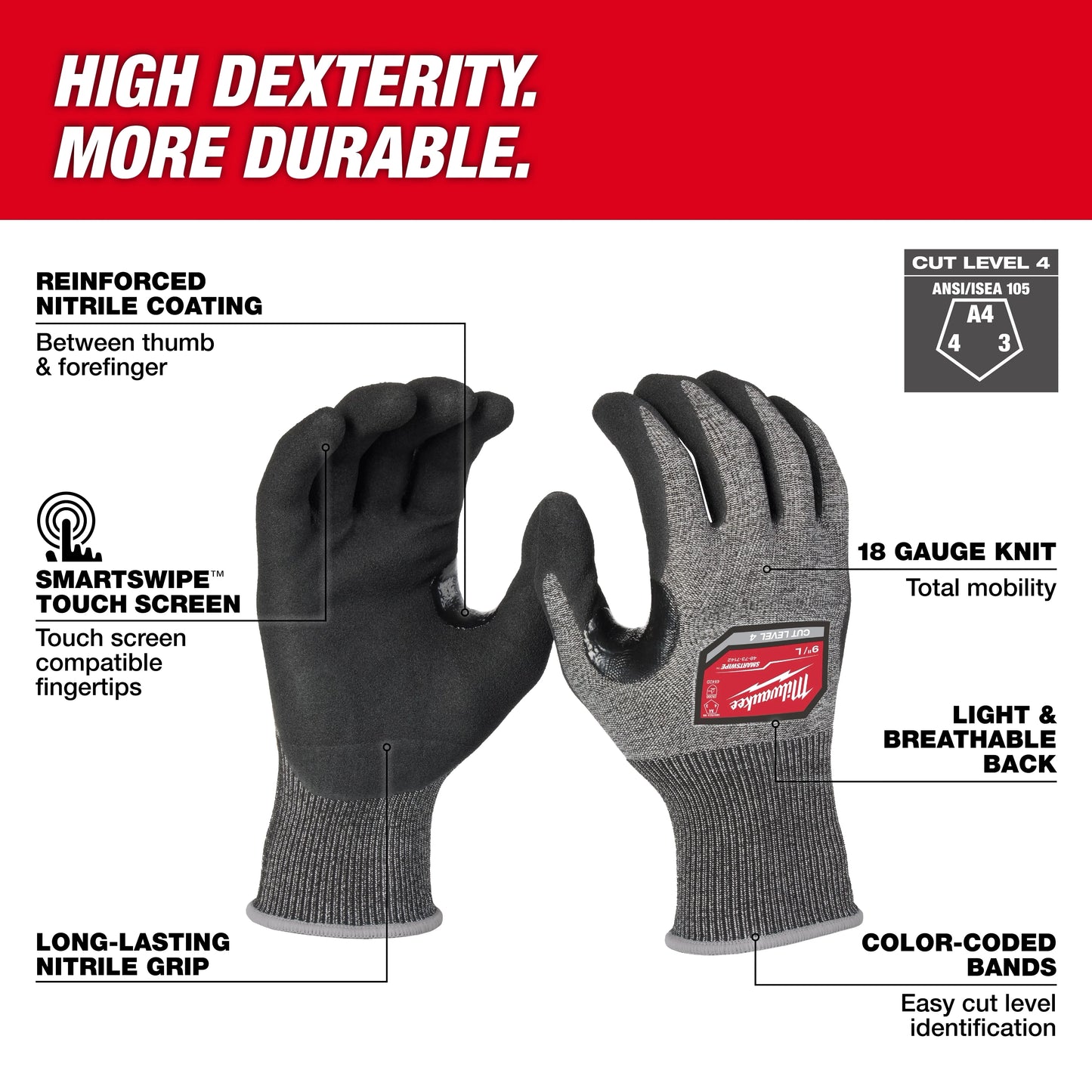 Milwaukee Tool 48-73-7142 Cut Level 4 High-Dexterity Nitrile Dipped Gloves - L, 6 PR/PK