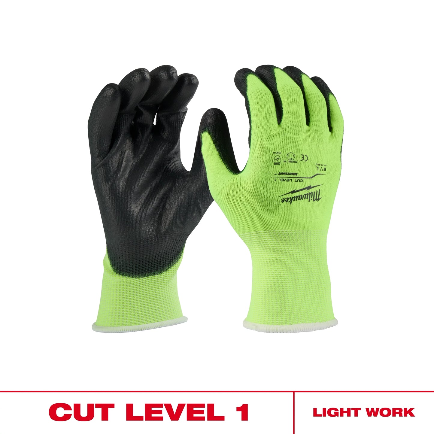 Milwaukee Tool 48-73-8912 Cut 1 Hight Visibility Polyurethane Dipped Gloves (L), 6 PR/PK