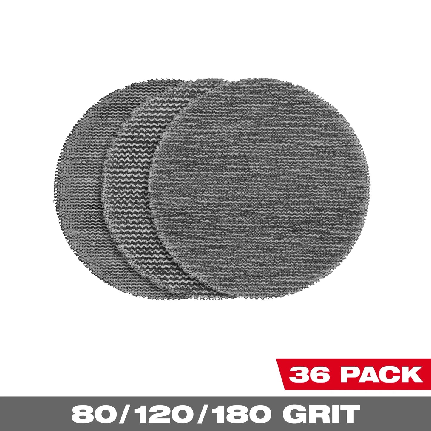 Milwaukee Tool 48-80-6406 3” Assorted 80, 120, 180 Grit Mesh Sanding Discs with POWERGRID™ Tear Resistant Mesh – (36 PK) + 3 Pad Savers, 1 ST