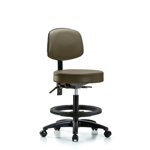 Blue Ridge Ergonomics VMBST-RG-T0-BF-RC-8809 Rutledge Vinyl Stool with Back - Medium Bench Height with Black Foot Ring & Casters in Taupe Supernova™ Vinyl