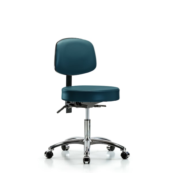 Blue Ridge Ergonomics VDHST-CR-T0-CC-8801 Rutledge Vinyl Stool with Back Chrome - Desk Height with Casters in Marine Blue Supernova™ Vinyl