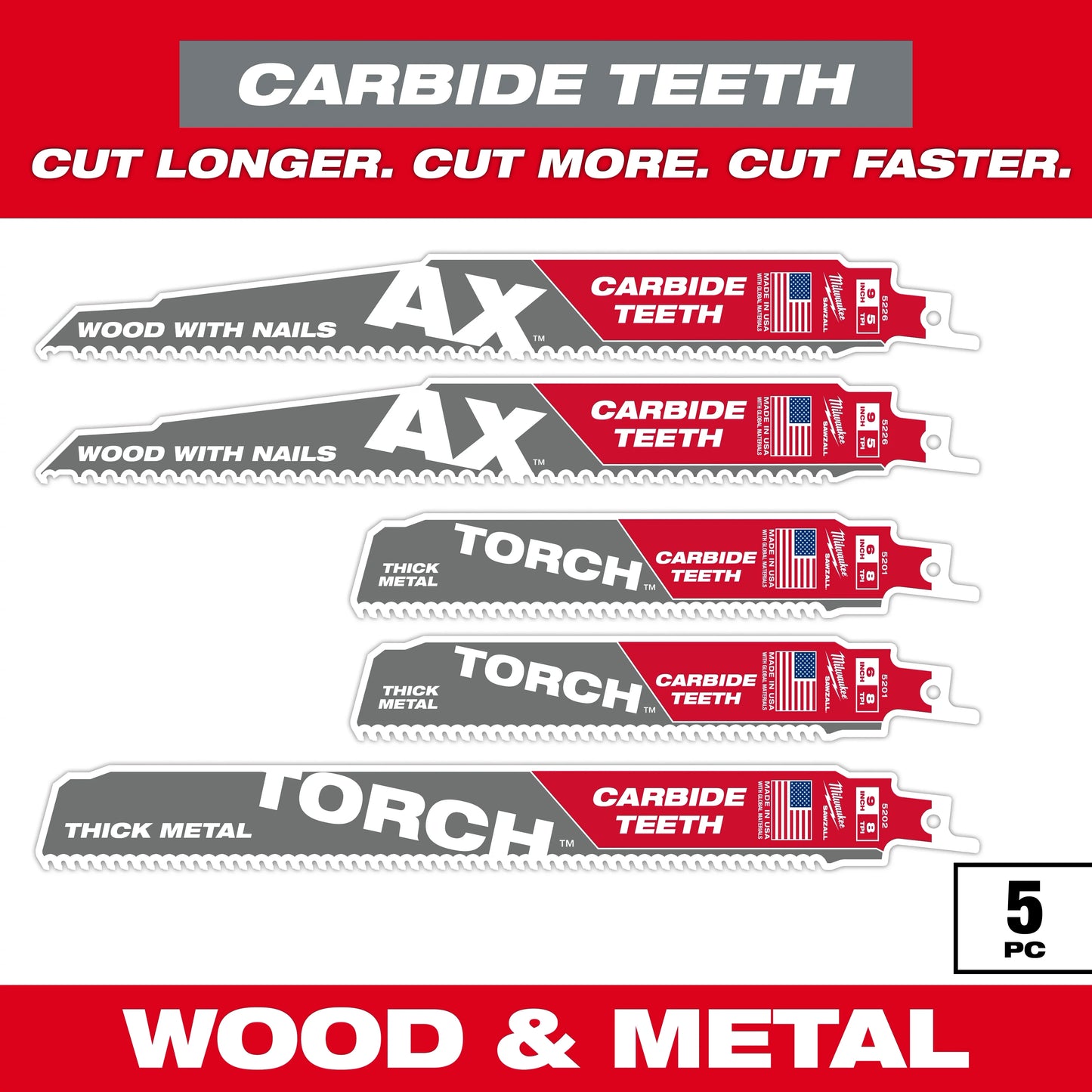Milwaukee Tool 49-22-5505 5PC Wood and Metal Cutting Carbide Teeth SAWZALL® Blade Set, 1 ST