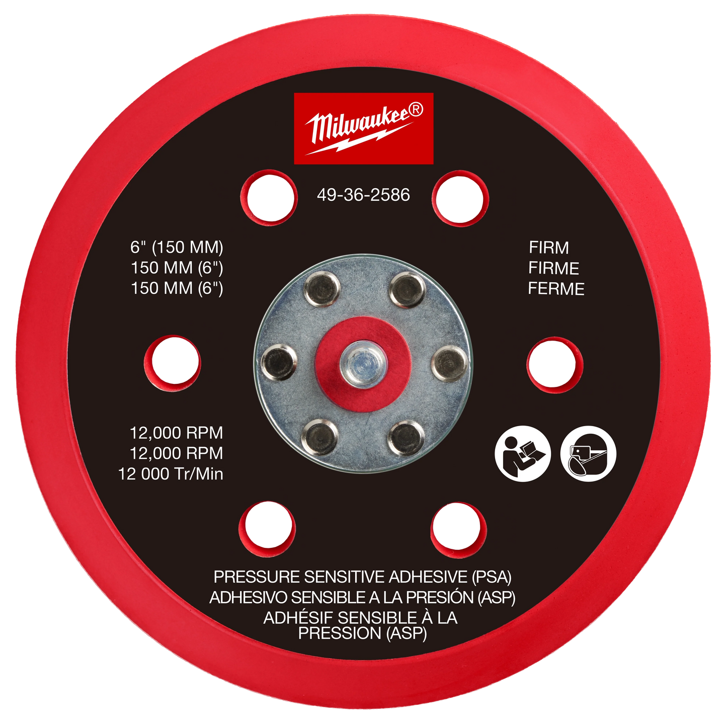 Milwaukee Tool 49-36-2586 6" Pressure Sensitive Adhesive Sander Backing Pad – Firm, 1 EA