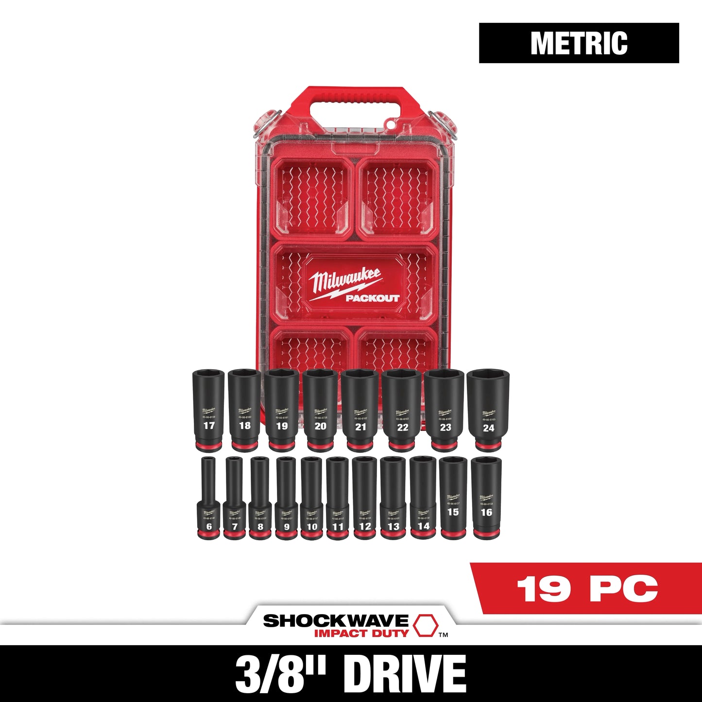Milwaukee Tool 49-66-6801 19PC SHOCKWAVE™ Impact Duty Socket 3/8” Drive MM Set with PACKOUT™, 1 ST