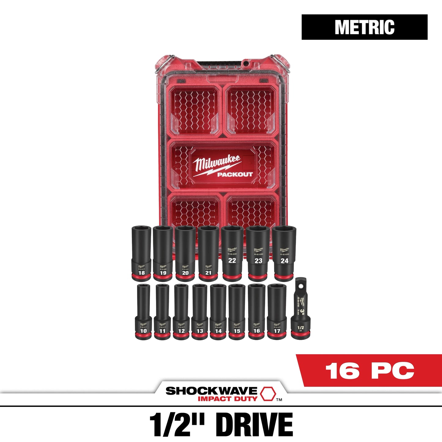 Milwaukee Tool 49-66-6803 16PC SHOCKWAVE™ Impact Duty Socket 1/2” Drive 16PC MM Set with PACKOUT™, 1 ST