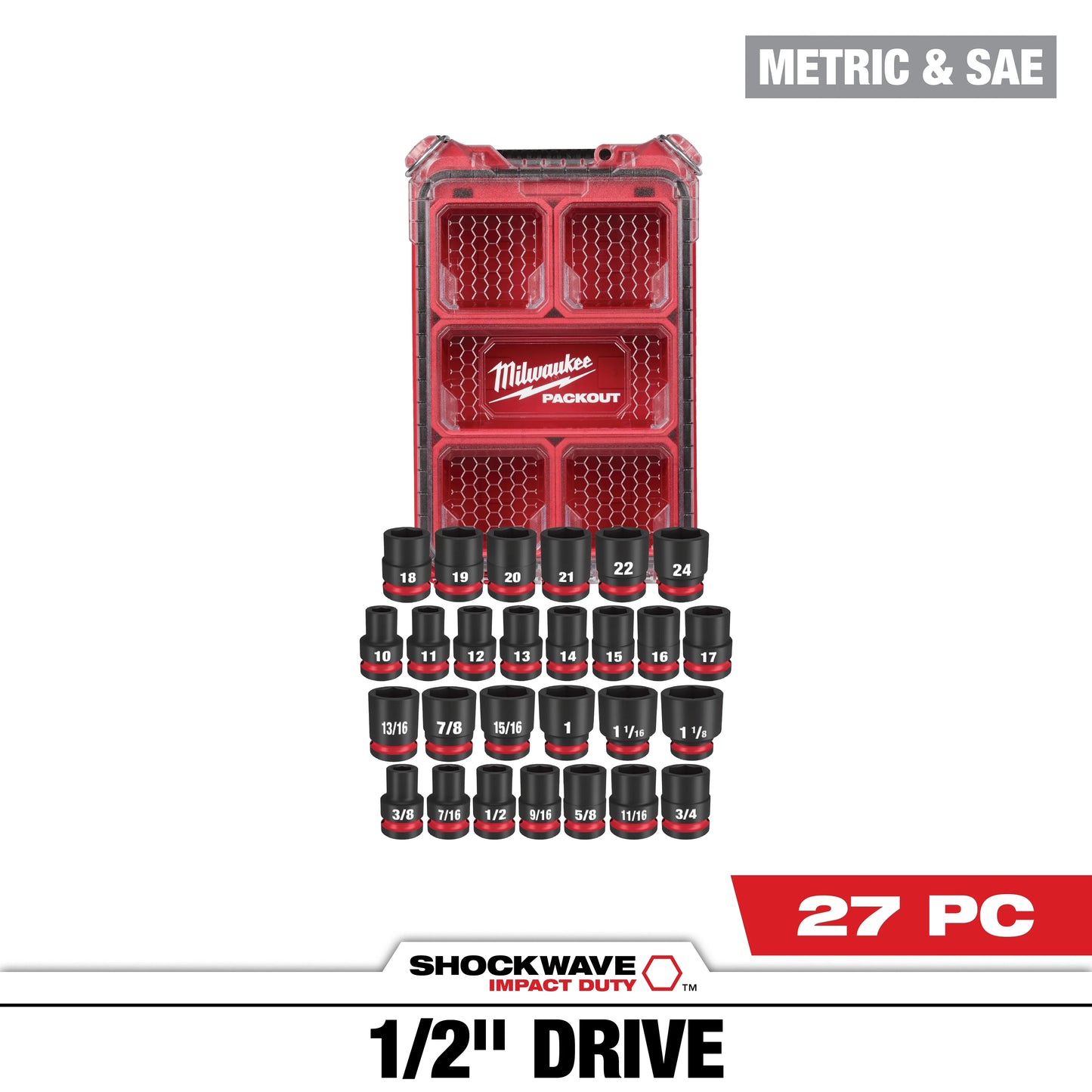 Milwaukee Tool 49-66-6804 27PC SHOCKWAVE™ Impact Duty Socket 1/2” Drive MM & SAE Set with PACKOUT™, 1 ST