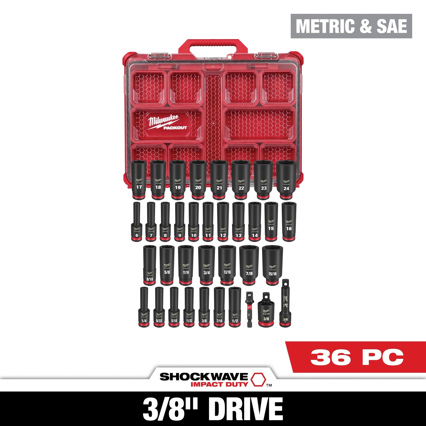 Milwaukee Tool 49-66-6805 36PC SHOCKWAVE™ Impact Duty Socket 3/8” Drive Set with PACKOUT™, 1 ST