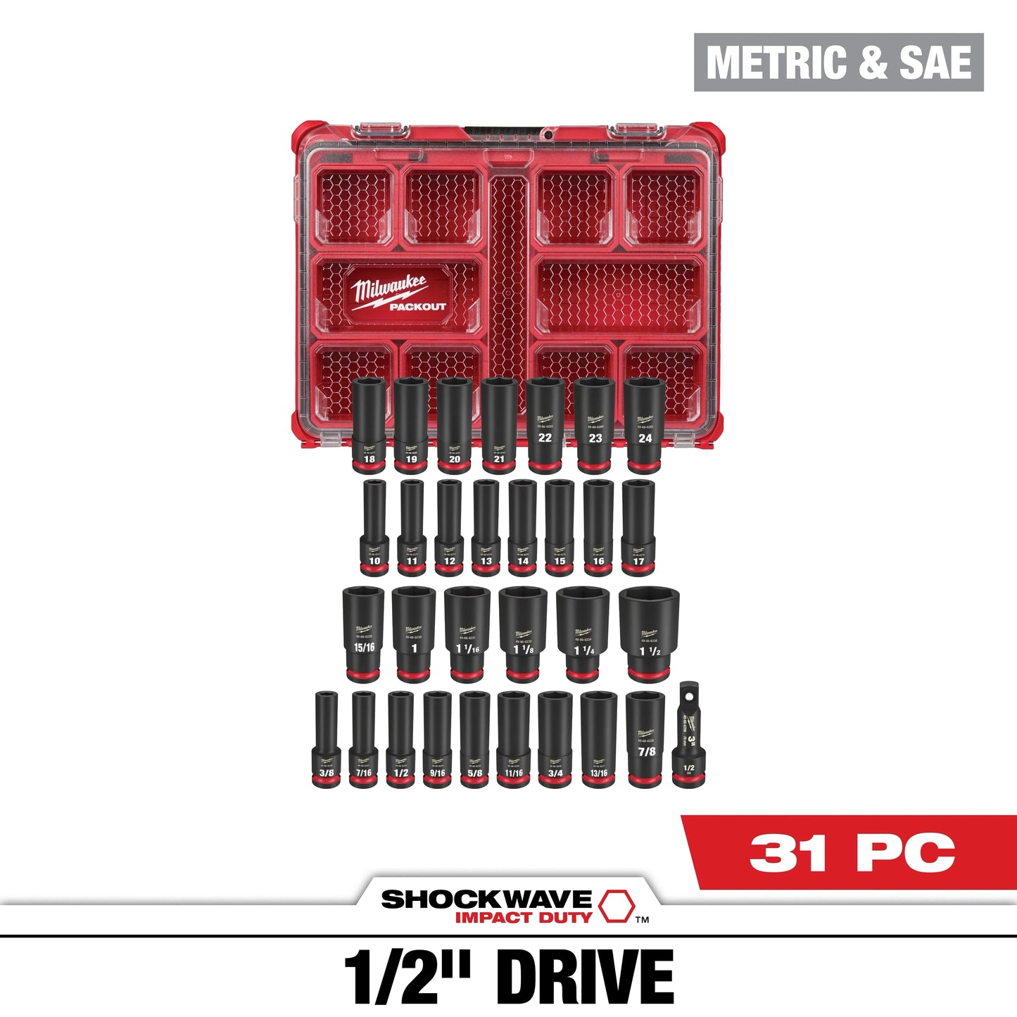 Milwaukee Tool 49-66-6806 31PC SHOCKWAVE™ Impact Duty Socket 1/2” Drive Set with PACKOUT™, 1 ST
