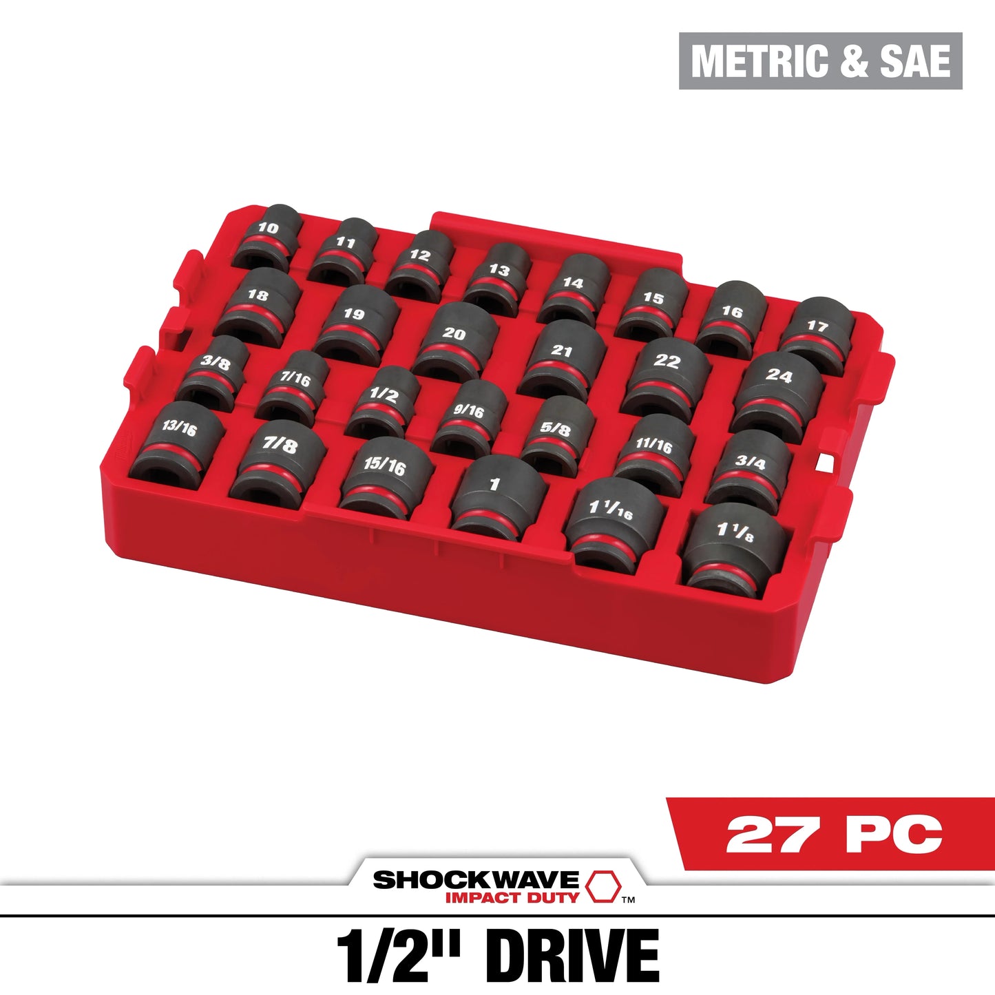 Milwaukee Tool 49-66-6819 27PC SHOCKWAVE™ Impact Duty Socket 1/2” Drive SAE TRAY Set, 1 ST