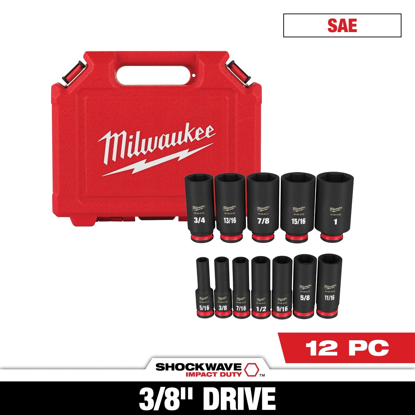 Milwaukee Tool 49-66-7006 12PC SHOCKWAVE™ Impact Duty 3/8" Drive SAE Deep 6 Point Socket Set, 1 ST