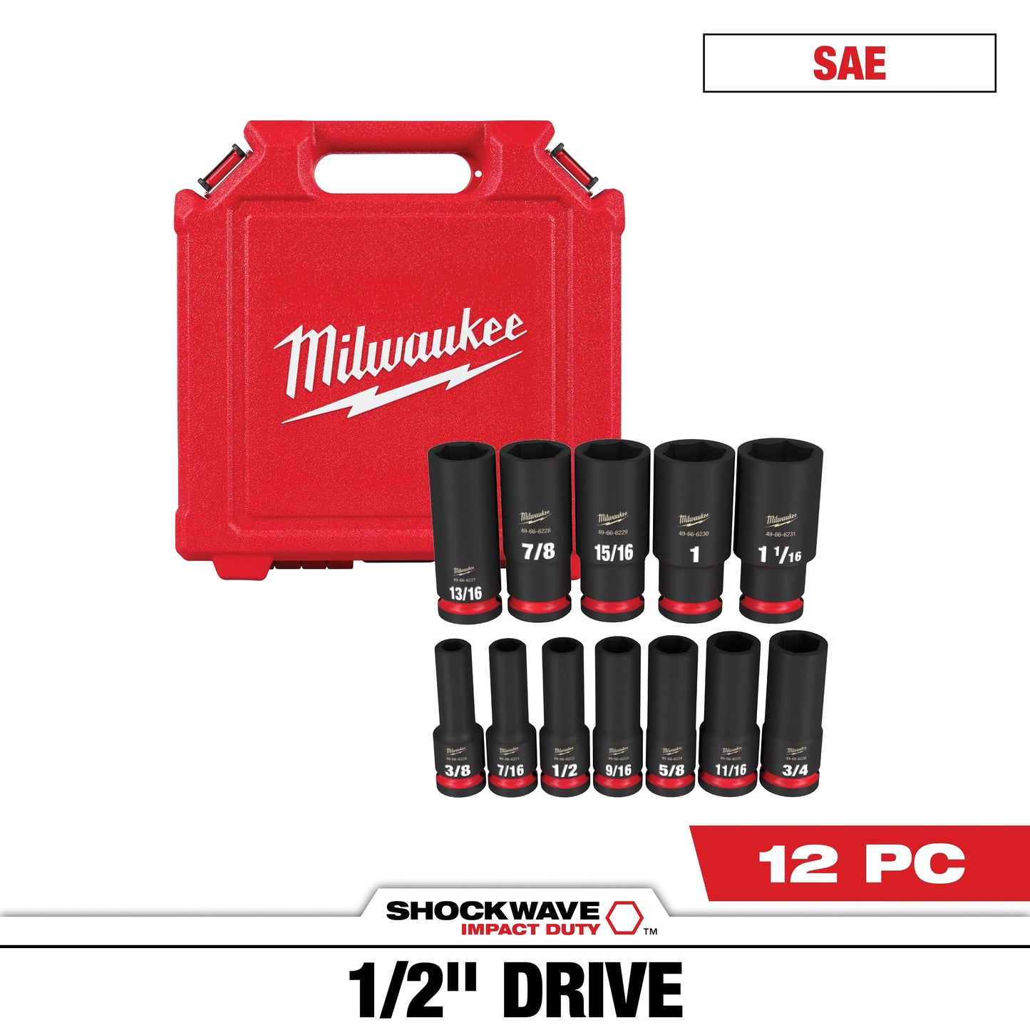 Milwaukee Tool 49-66-7011 12PC SHOCKWAVE™ Impact Duty 1/2" Drive SAE Deep 6 Point Socket Set, 1 ST