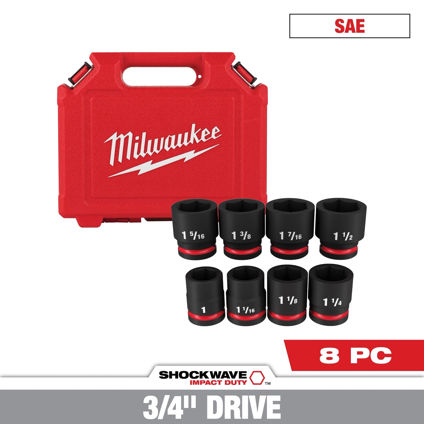 Milwaukee Tool 49-66-7017 8PC SHOCKWAVE™ Impact Duty 3/4" Drive SAE Standard 6 Point Socket Set, 1 ST