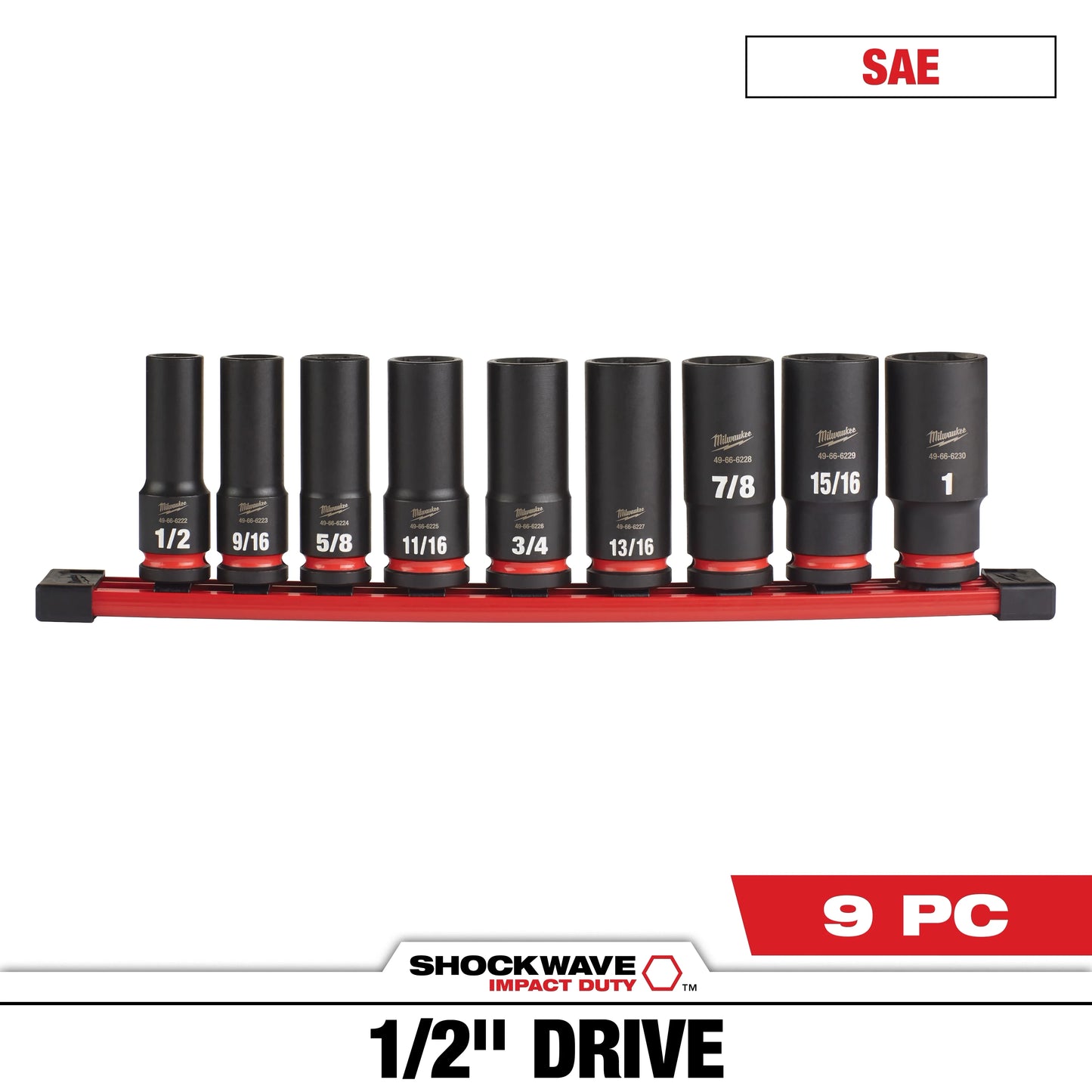 Milwaukee Tool 49-66-7022 9PC SHOCKWAVE™ Impact Duty 1/2" Drive SAE Deep 6 Point Socket Set, 1 ST