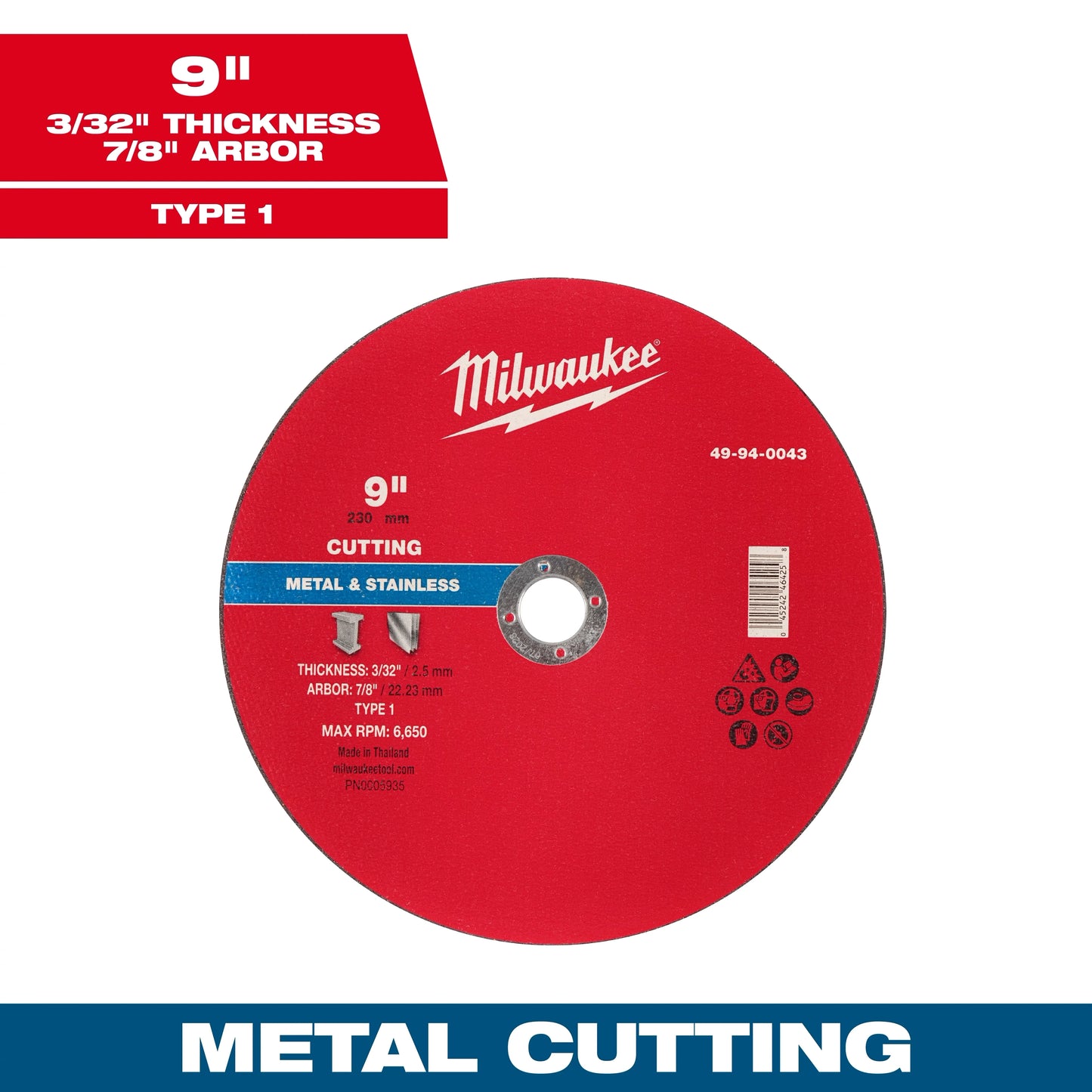 Milwaukee Tool 49-94-0043 9" x 3/32" x 7/8" Metal Cut Off Wheel - Type 1, 1 EA