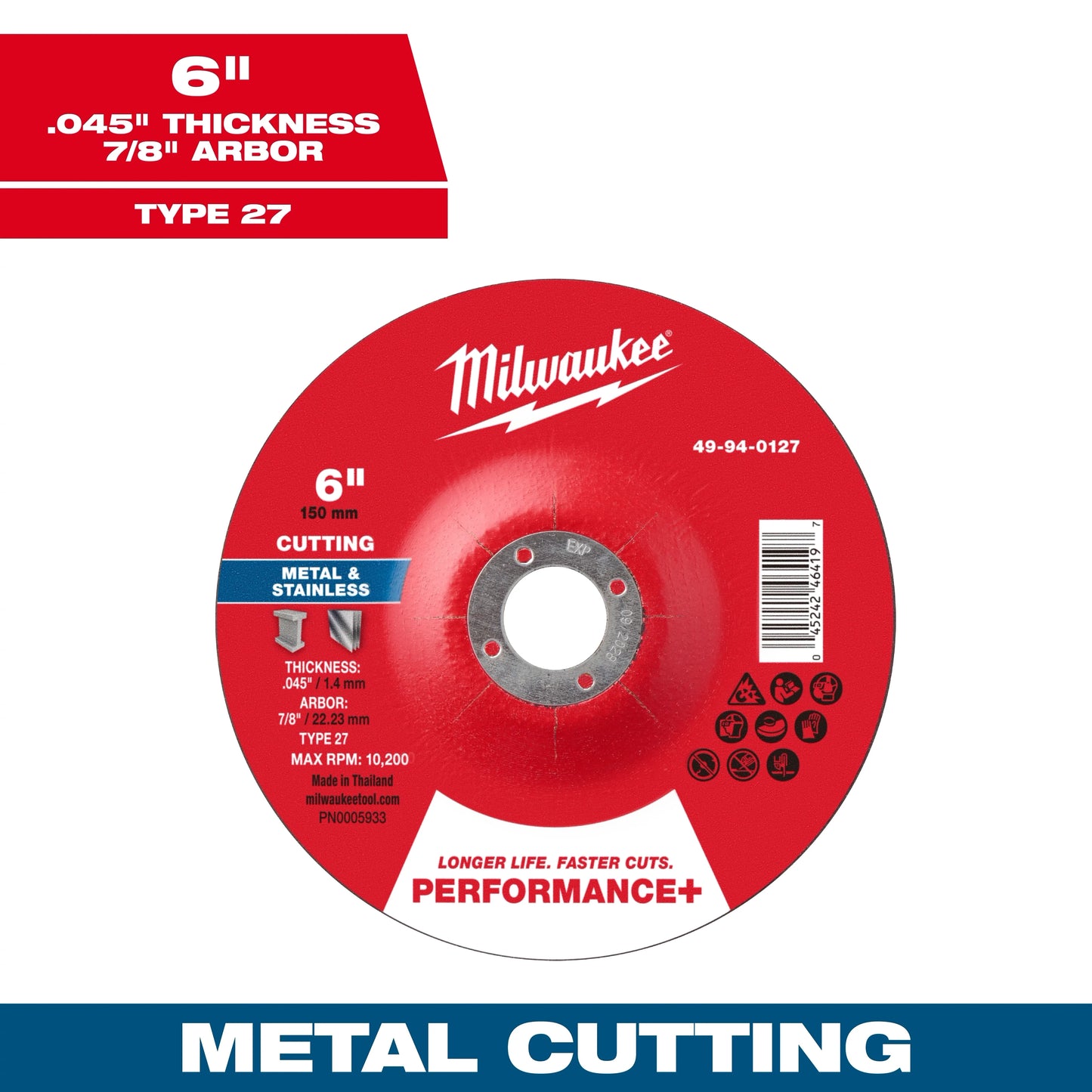 Milwaukee Tool 49-94-0127 6" x .045" x 7/8" Performance & Metal Cut Off Wheel - Type 27, 1 EA