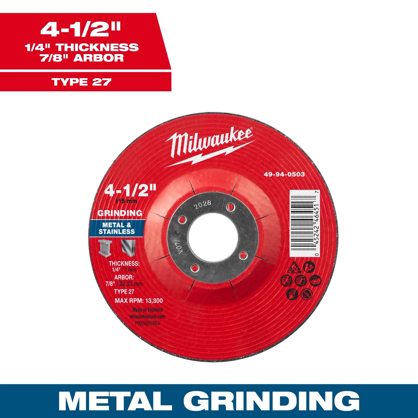 Milwaukee Tool 49-94-0503 4-1/2" x 1/4" x 7/8" Metal Grinding Wheel - Type 27, 1 EA