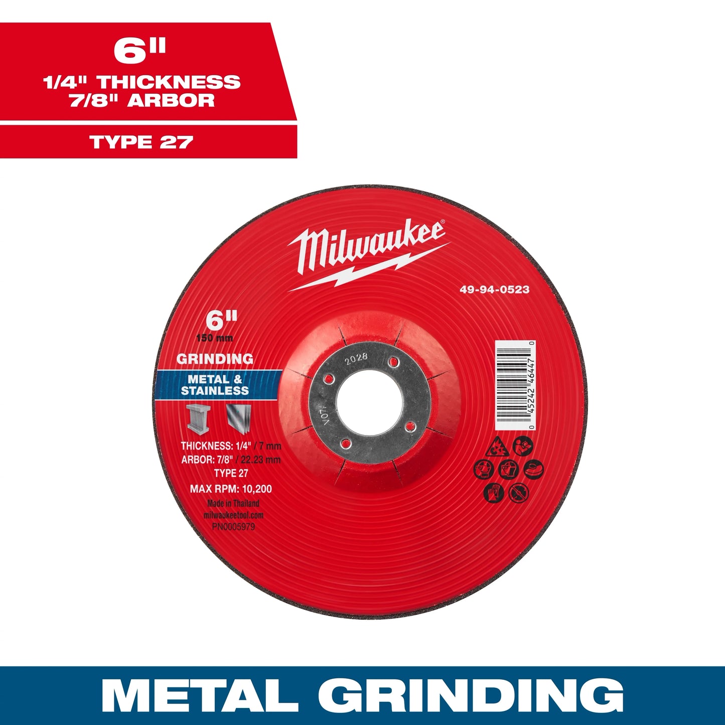 Milwaukee Tool 49-94-0523 6" x 1/4" x 7/8" Metal Grinding Wheel - Type 27, 1 EA