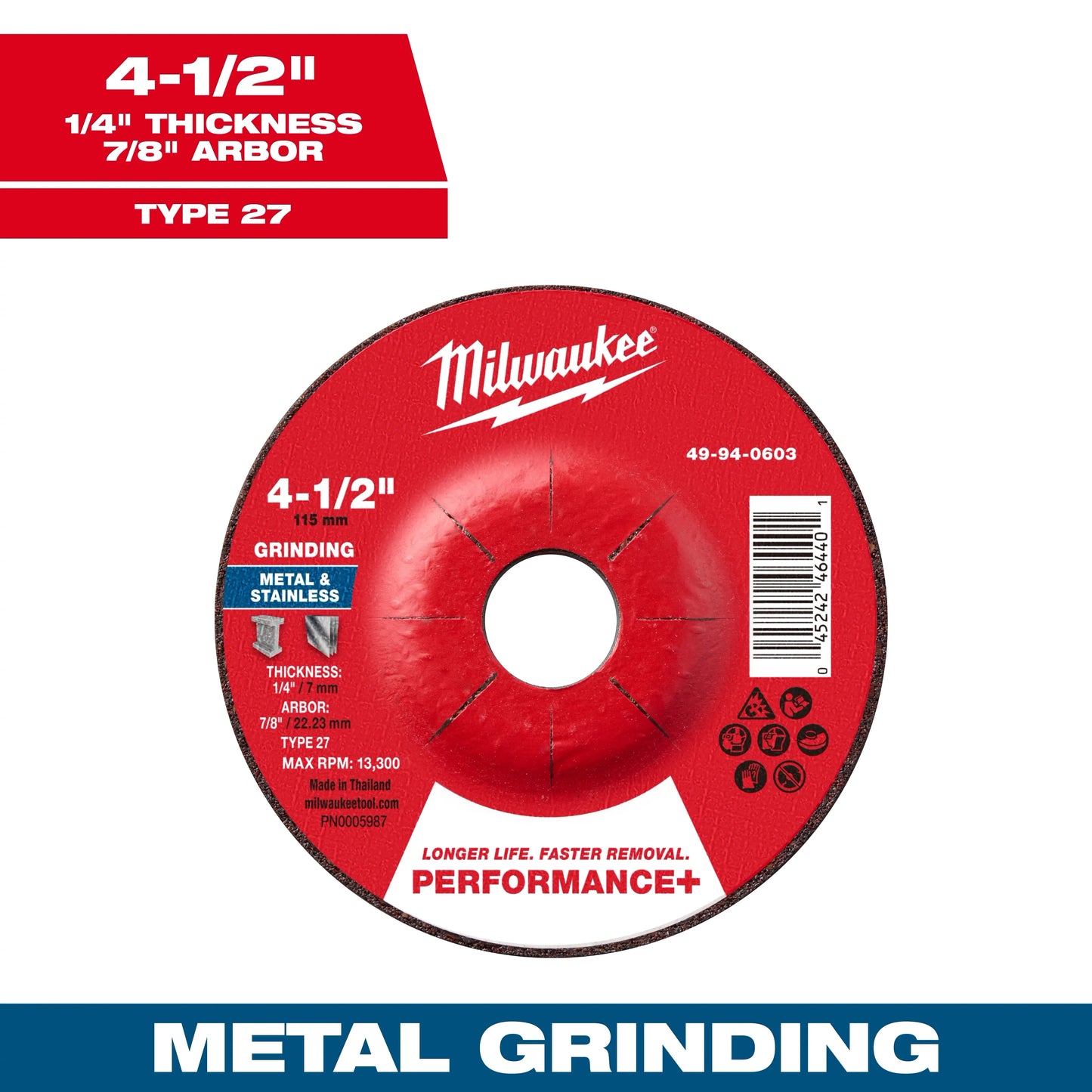 Milwaukee Tool 49-94-0603 4-1/2" x 1/4" x 7/8" Performance+ Metal Grinding Wheel - Type 27, 1 EA