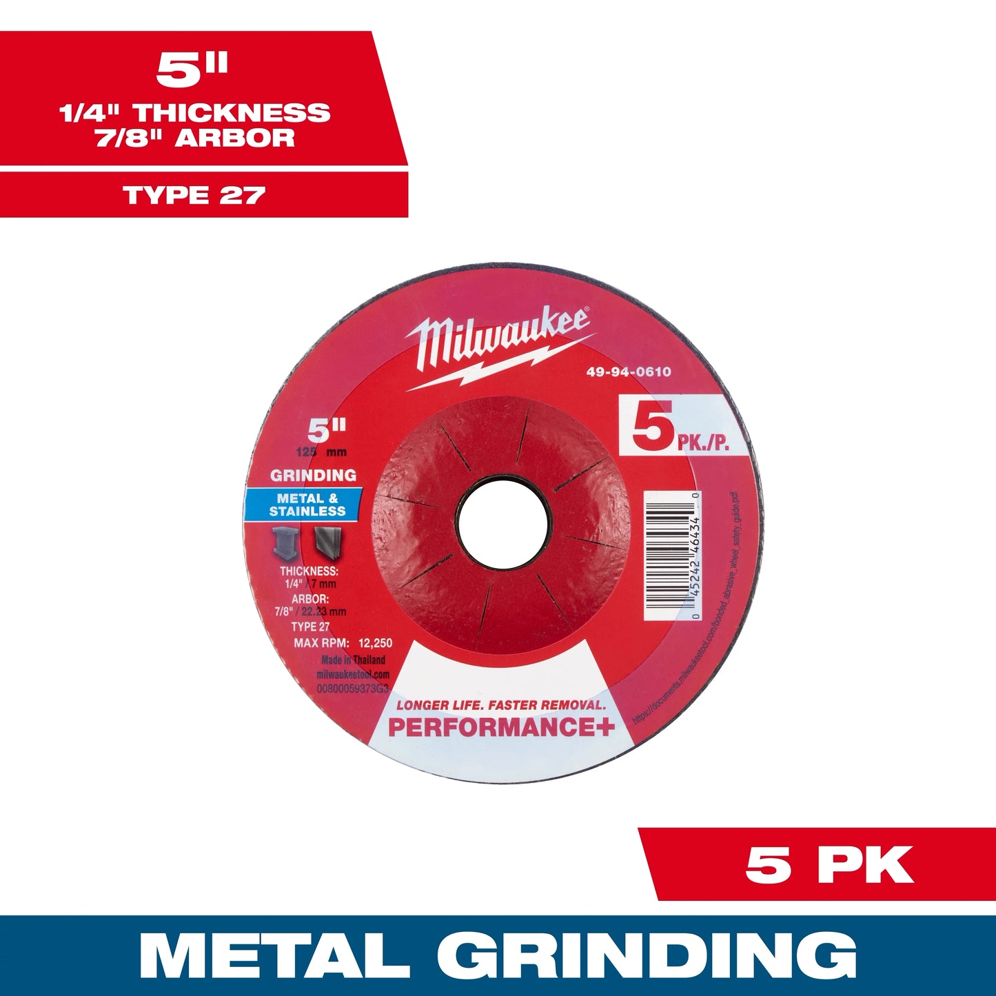 Milwaukee Tool 49-94-0610 5" x 1/4" x 7/8" Performance & Metal Grinding Wheel - Type 27, 5 EA/PK