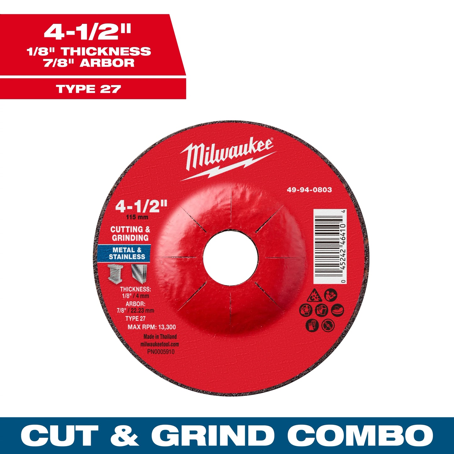 Milwaukee Tool 49-94-0803 4-1/2" x 1/8" x 7/8" Dual Metal Cut & Grind Wheel - Type 27, 1 EA