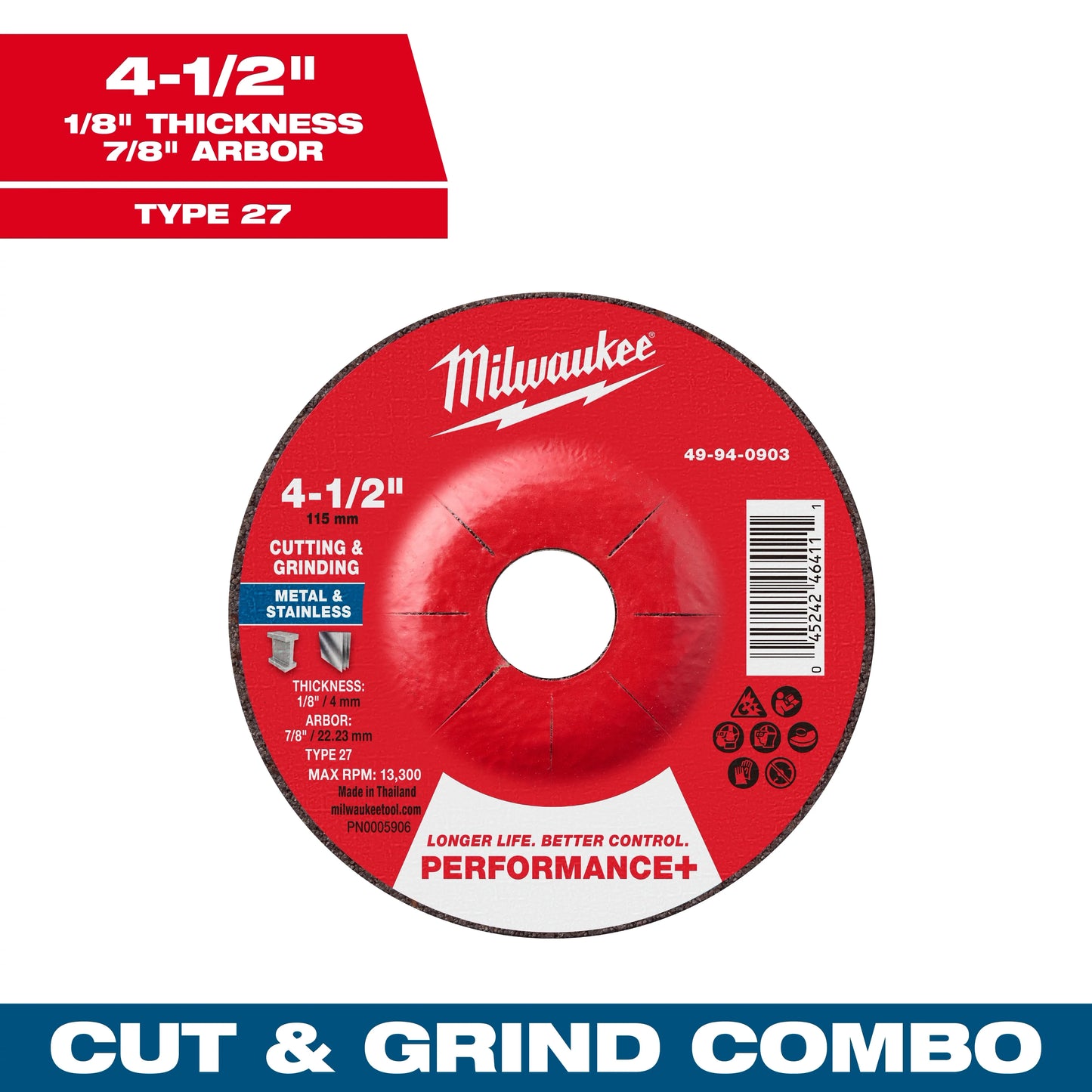 Milwaukee Tool 49-94-0903 4-1/2" x 1/8" x 7/8" Performance+ Dual Metal Cut & Grind Wheel - Type 27, 1 EA