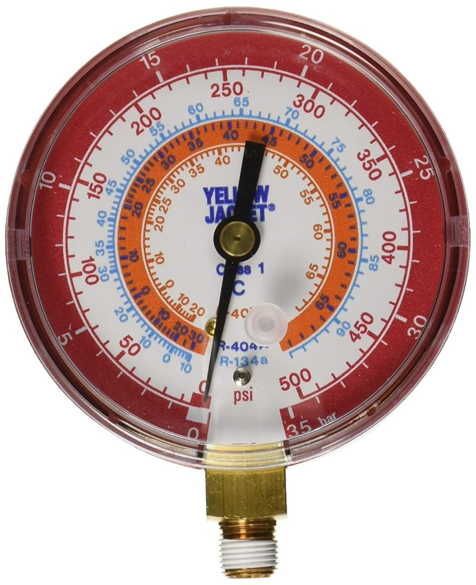 Yellow Jacket 49131 3-1/8" Red Pressure Gauge – Bar/PSI, R134a/R404A/R407C, °C