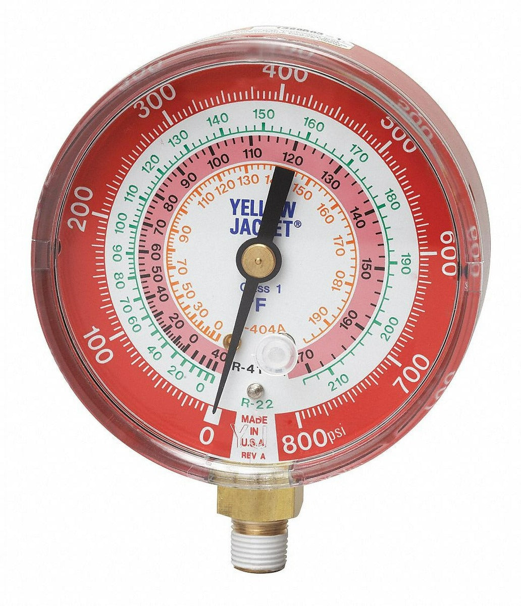 Yellow Jacket 49137 3-1/8", red pressure, 0-800 psi, R22/404A/410A gauge (°F)