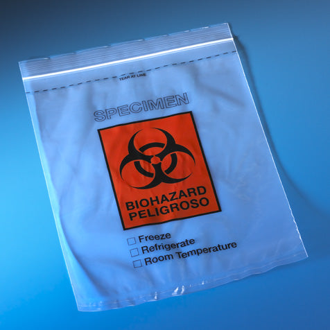 Globe Scientific 4928 Bag Biohazard Specimen Transport 12" x 15" Ziplock with Document Pouch Tearzone 500/Pack 2 Packs/Unit