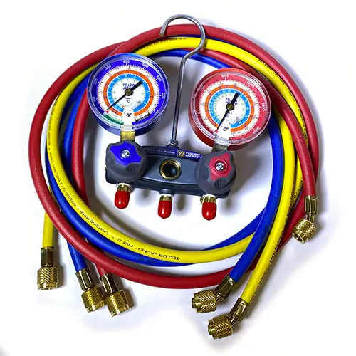 Yellow Jacket 49811/49812 TITAN 2-Valve Test & Charging Manifold Kit – R/B Gauges, kPa/PSI, °C, R22/R134a/R404A, 60" PLUS II RYB Hoses