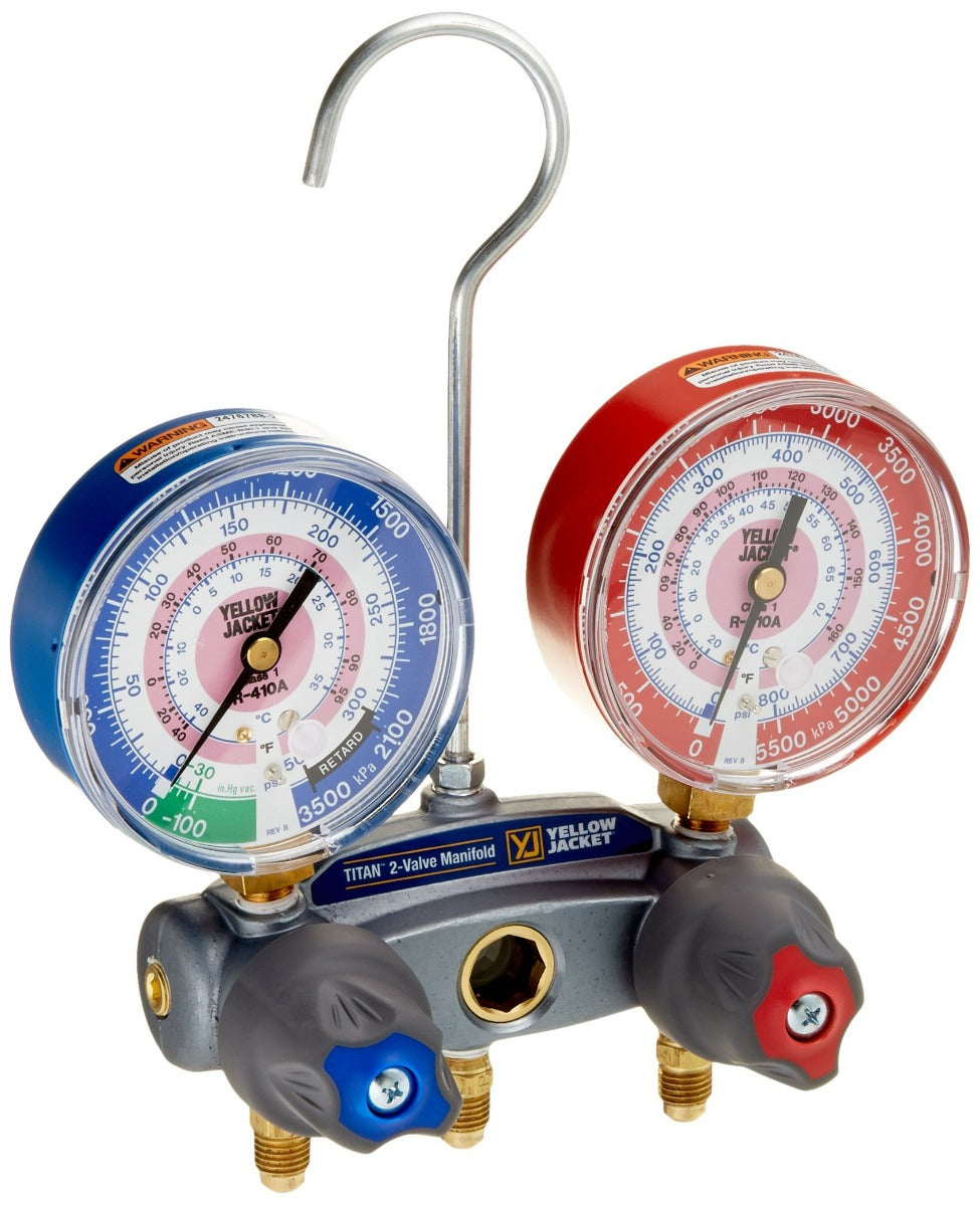 Yellow Jacket 49815 TITAN 2-Valve Test & Charging Manifold Only – 5/16" Anchor & 1/4" Service Fittings, R/B Gauges, kPa/PSI, °F/°C, R32/R410A A2L Compatible HVAC Manifold