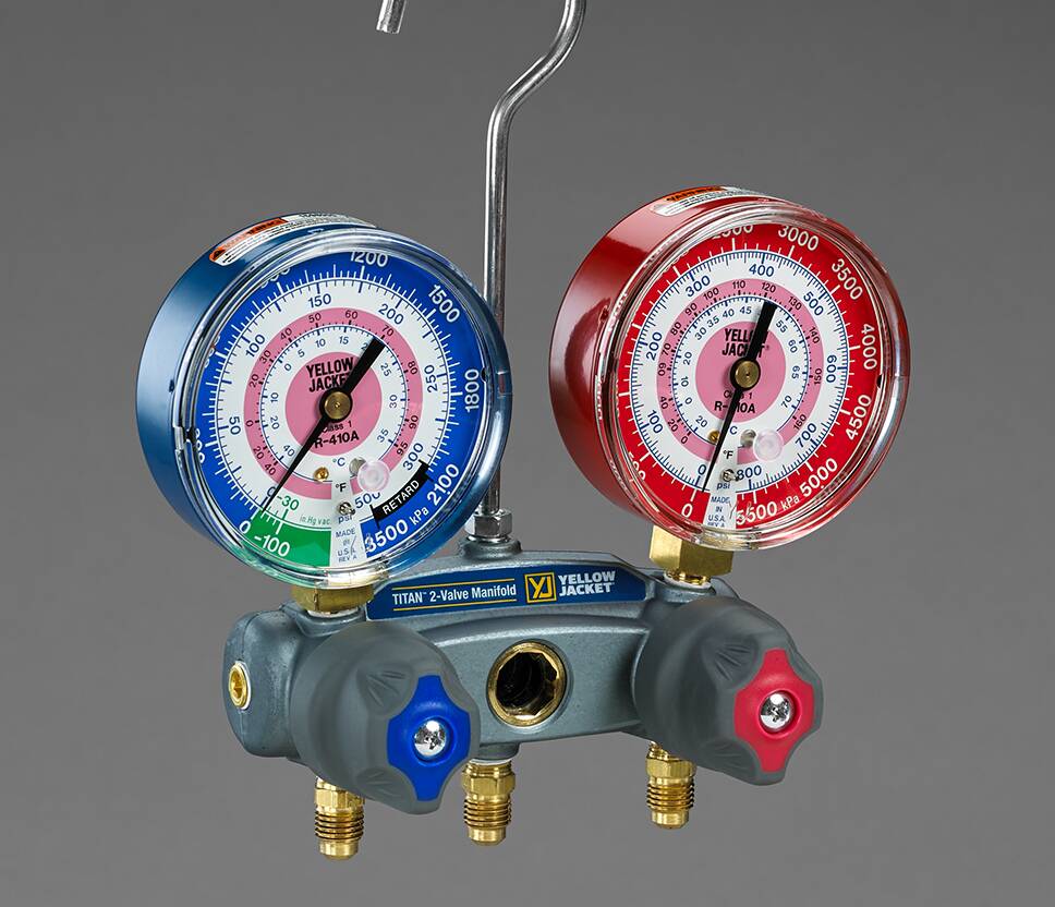 Yellow Jacket 49836 TITAN 2-Valve Test & Charging Manifold Only – R/B Gauges, Bar/MPa, °C, R134a/R404A/R407C HVAC Refrigeration Manifold