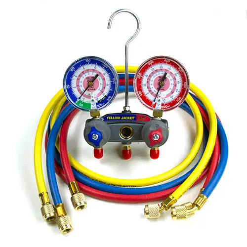 Yellow Jacket 49865 TITAN 2-Valve HVAC Test & Charging Manifold Gauge Set, 3-1/8" Analog Gauges with 60" PLUS II RYB Hoses, Bar/PSI (R32/R410A, °F/°C)
