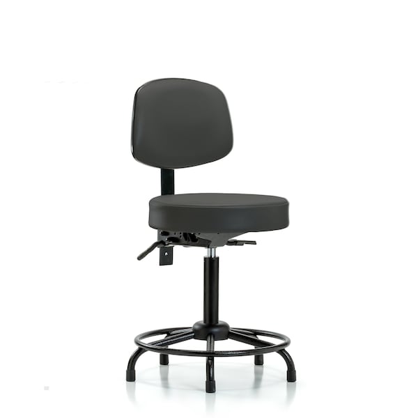 Blue Ridge Ergonomics VMBST-RG-T0-BF-RC-8546 Rutledge Vinyl Stool with Back - Medium Bench Height with Black Foot Ring & Casters in Colonial Blue Trailblazer™ Vinyl
