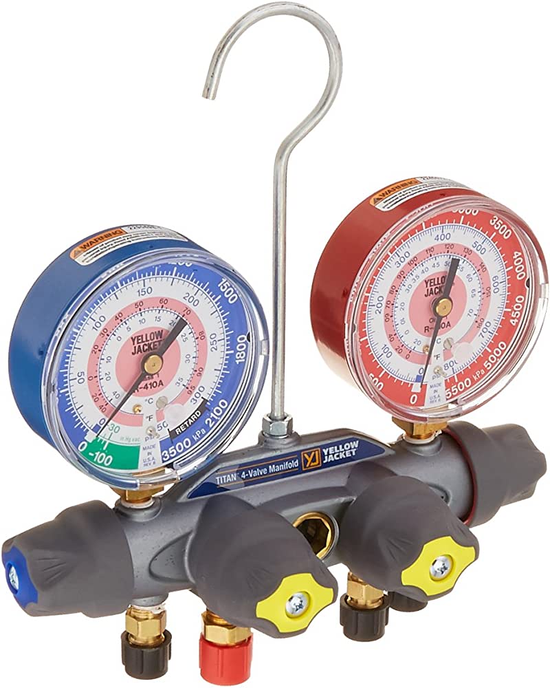 Yellow Jacket 49914 Manifold only with 5/16"-3/8"-5/15"-5/16" anchor and service fittings, R/B gauges, kPa/psi, R32/R410A °F and °C