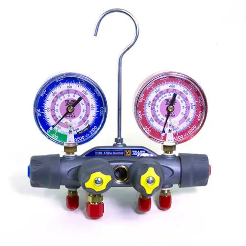 Yellow Jacket 49915 Manifold only with 5/16"-3/8"-1/4"-5/16" anchor fittings and 1/4"-3/8"-1/4"-1/4" service fittings, R/B gauges, kPa/psi, R32/R410A, °F and °C
