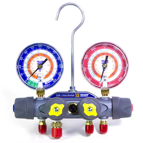 Yellow Jacket 49935 With 60" PLUS II RYB and 3/8" x 45°, R/B gauges, psi, R134a/404A/407C °F