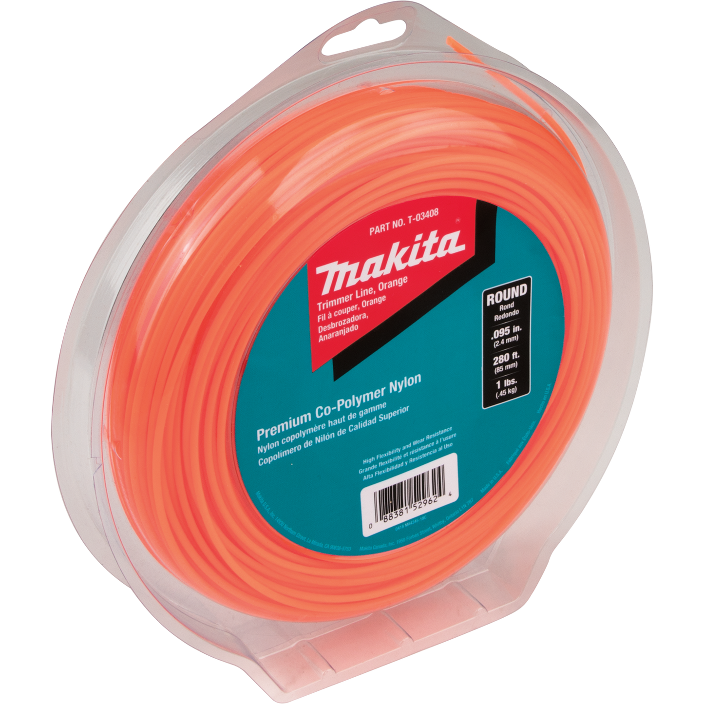 Makita T-03408 Round Trimmer Line, 0.095, Orange, 280™, 1 lbs.