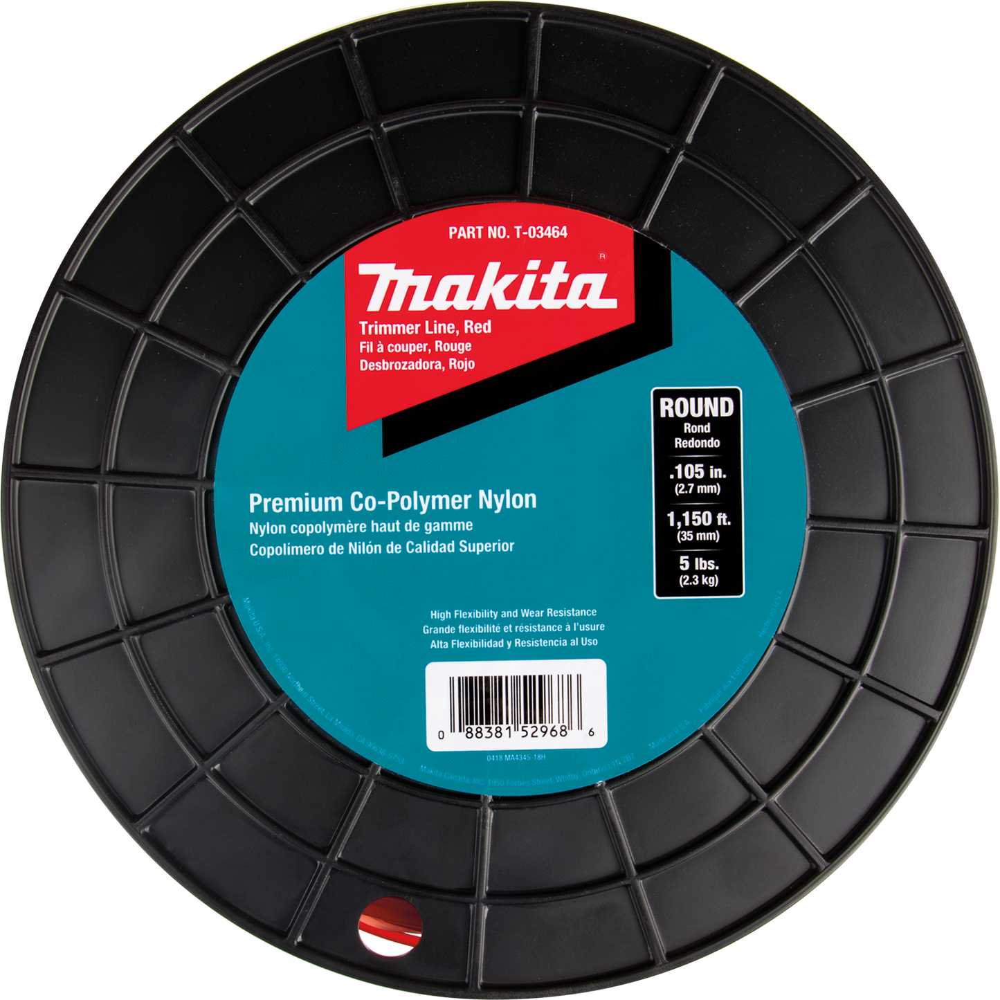 Makita T-03464 Round Trimmer Line, 0.105, Red, 1,150™, 5 lbs.