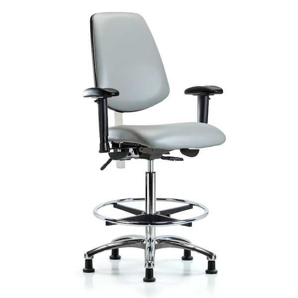 Blue Ridge Ergonomics NCR-VHBCH-MB-CR-T1-A1-CF-RG-8567 CL100 Vinyl Clean Room Chair - High Bench Height with Medium Back, Seat Tilt, Adjustable Arms, Chrome Foot Ring, & Stationary Glides in Dove Trailblazer™ Vinyl