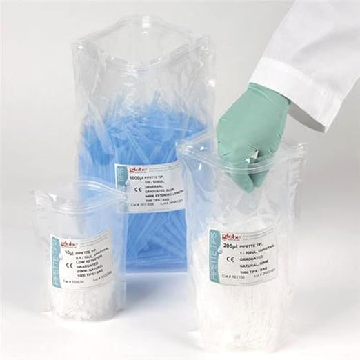 Globe Scientific 151153B Pipette Tip 100 - 1250uL Certified Universal Graduated Blue 84mm Extended Length 1000/Stand-Up Resealable Bag