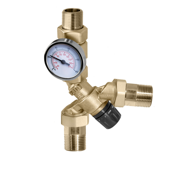 Caleffi 520414AC AngleMix™ 3- Way Mixing valve ½" PEX crimp union, gauge, checks-ASSE 1017 & 1070