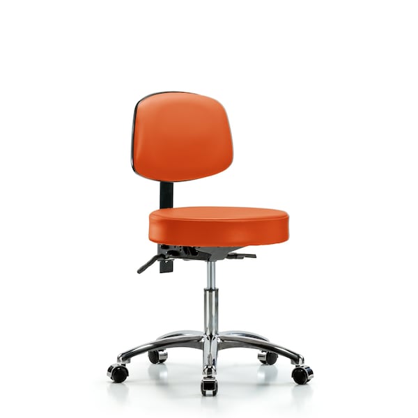 Blue Ridge Ergonomics VDHST-CR-T0-CC-8613 Rutledge Vinyl Stool with Back Chrome - Desk Height with Casters in Orange Kist Trailblazer™ Vinyl