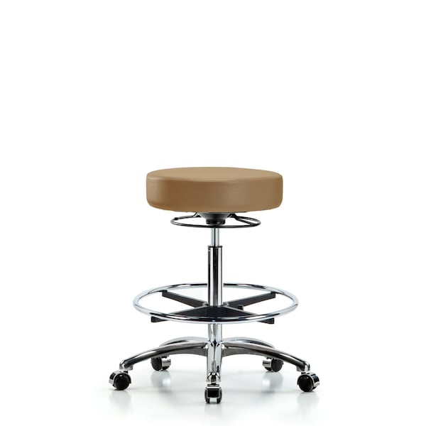 Blue Ridge Ergonomics VHBSO-CR-CF-CC-8584 Rutledge Vinyl Stool without Back Chrome - High Bench Height with Chrome Foot Ring & Casters in Taupe Trailblazer™ Vinyl