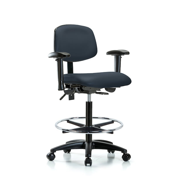 Blue Ridge Ergonomics VHBCH-RG-T0-A1-CF-RC-8582 Rutledge Vinyl Chair - High Bench Height with Adjustable Arms, Chrome Foot Ring, & Casters in Imperial Blue Trailblazer™ Vinyl