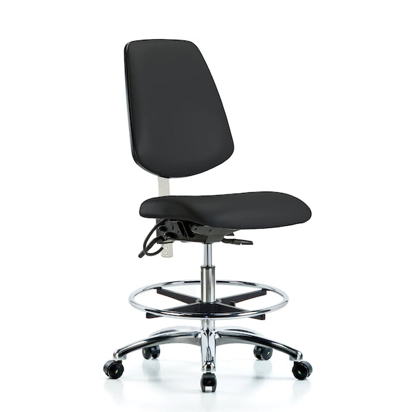 Blue Ridge Ergonomics NECR-VMBCH-MB-CR-T1-A0-CF-EC-ESDBLK Class 100 Vinyl Clean Room/ESD Chair - Medium Bench Height with Medium Back, Seat Tilt, Chrome Foot Ring, & ESD Casters in Black ESD Vinyl