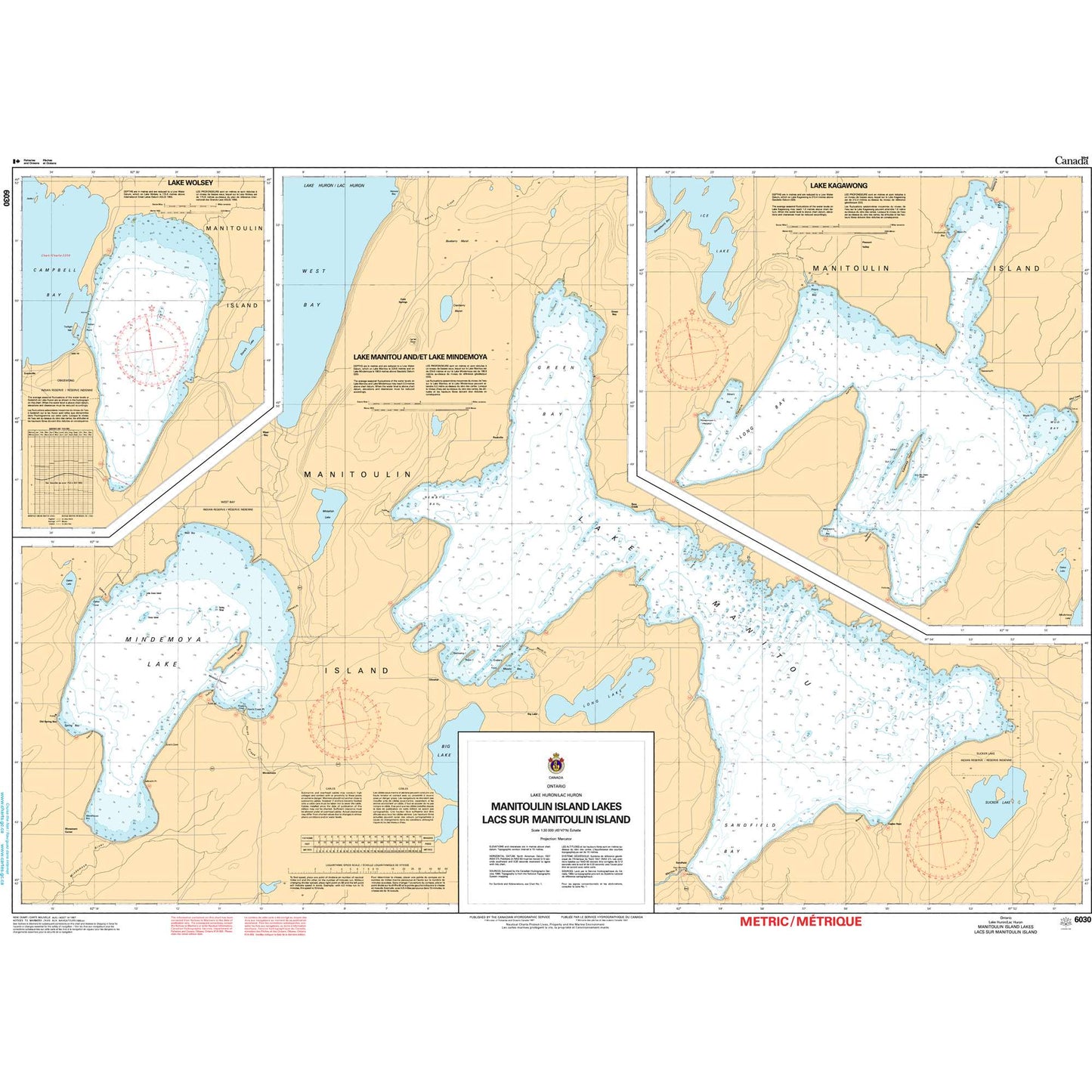 Paradise Clay CAN6030 CHS Chart Manitoulin Island Lakes / Lacs sur Manitoulin Island